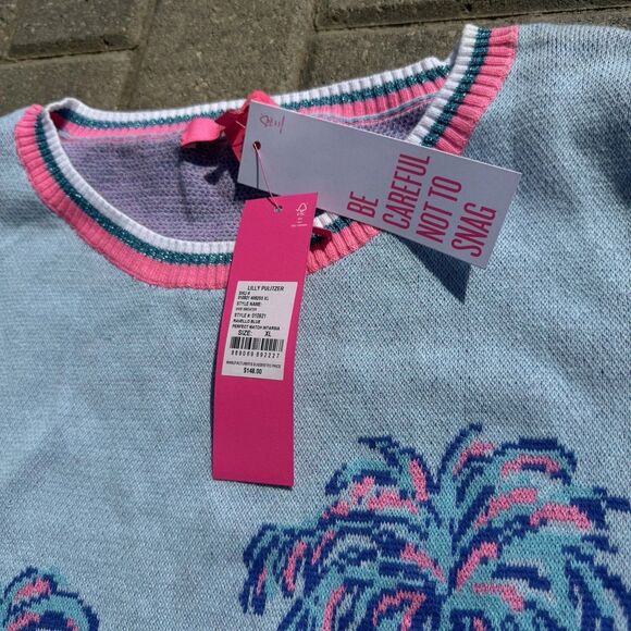 Lilly Pulitzer Vivie Sweater Palm Tree Knit Pullover Blue Pink Women NWT $148 XL - Picture 6 of 14